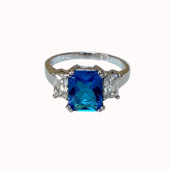 Silver Tone Cocktail Ring With Blue Emerald-Cut Center & Clear Side Size 10 - Picture 1 of 16